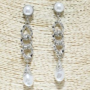 White & Silver Faux Pearl Dangle Earrings